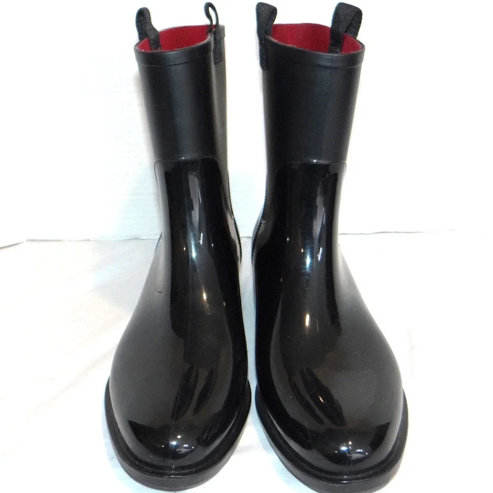 Tommy Hilfiger Khristie Black Boots Women 10M Glossy Matte Mid Calf Waterproof‎